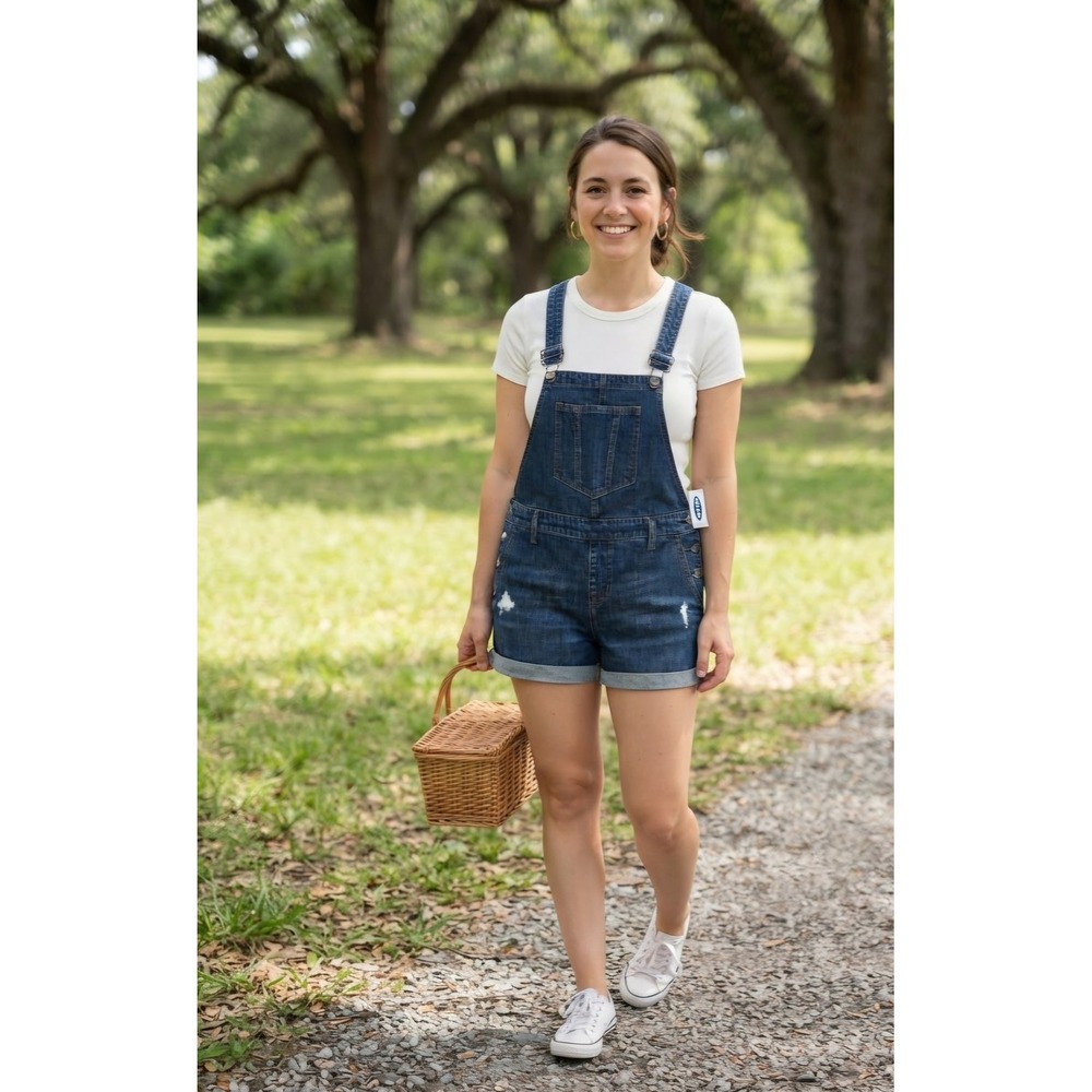 Old Navy Womens Medium Wash Denim Shortalls Overalls Size M Distressed Cuffed